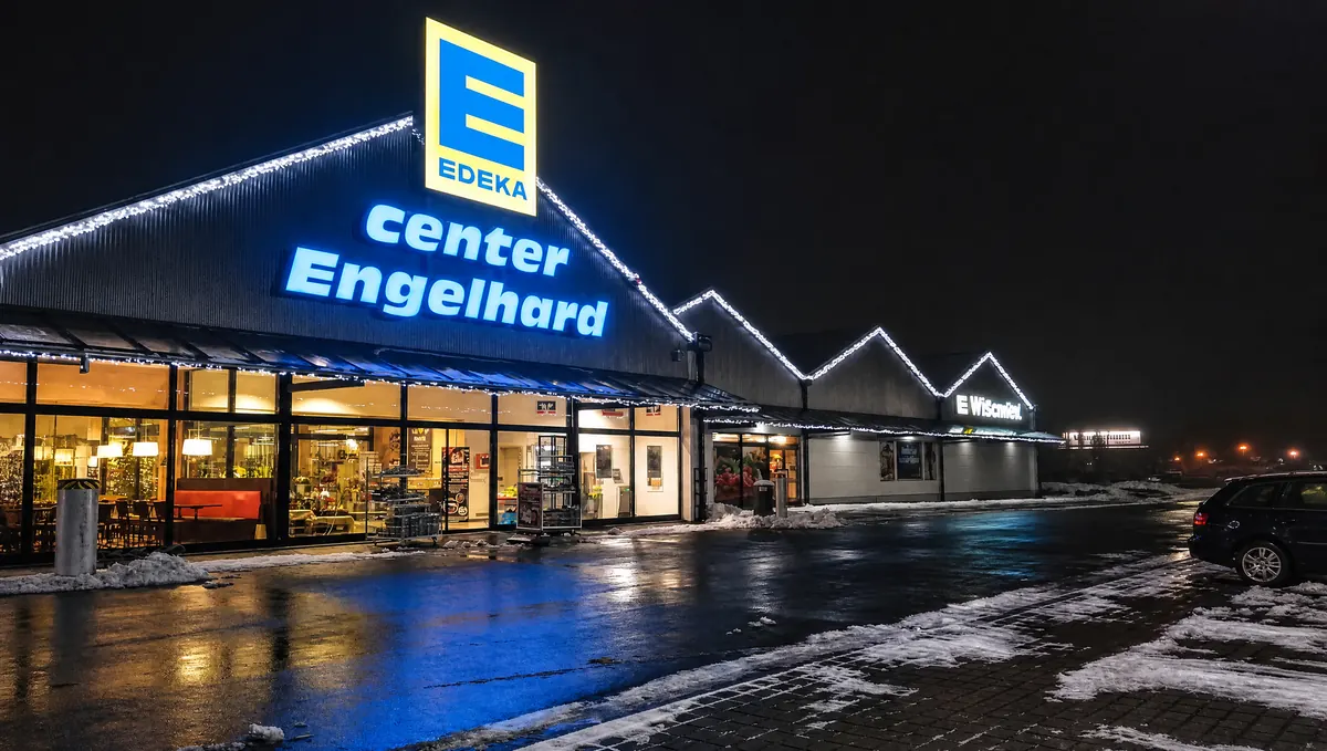 LED-Weihnachtsbeleuchtung am E-Center Engelhard – Konturbeleuchtung am Dach