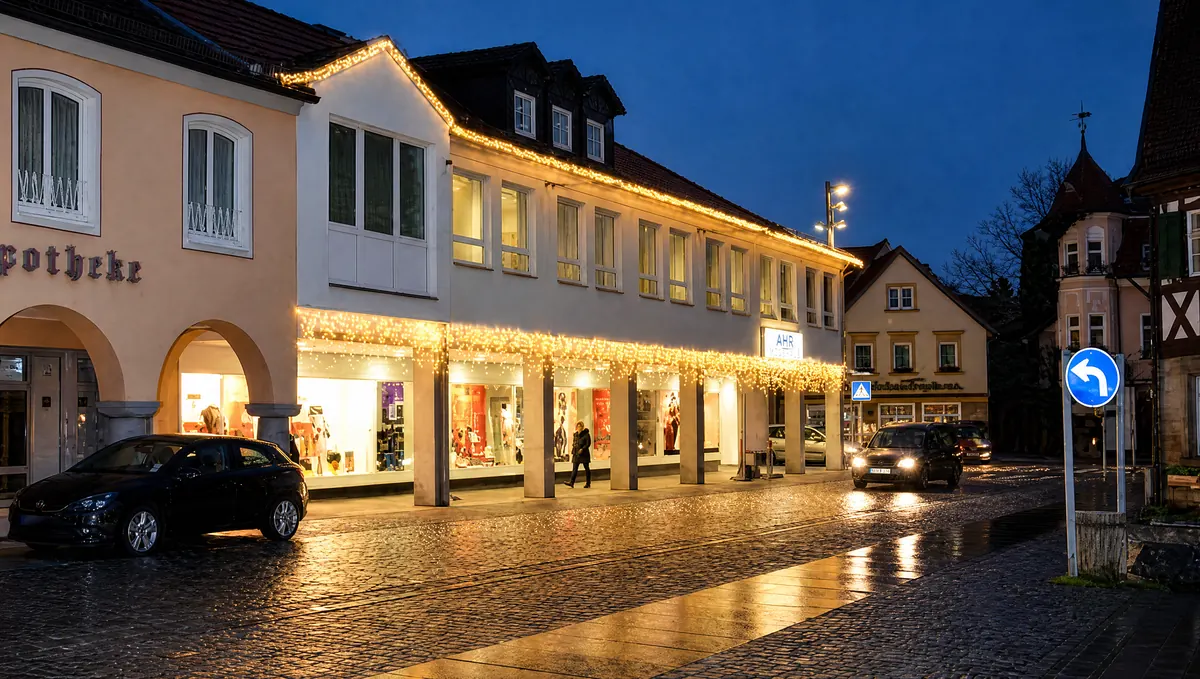 Weihnachtsbeleuchtung Straßenzug – Dachkonturen und Schaufensterlicht