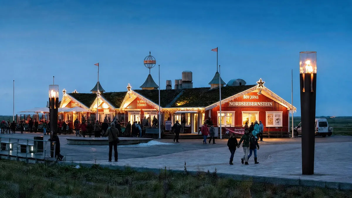 Weihnachtsbeleuchtung am Geschäft Nordseebernstein an der Küste