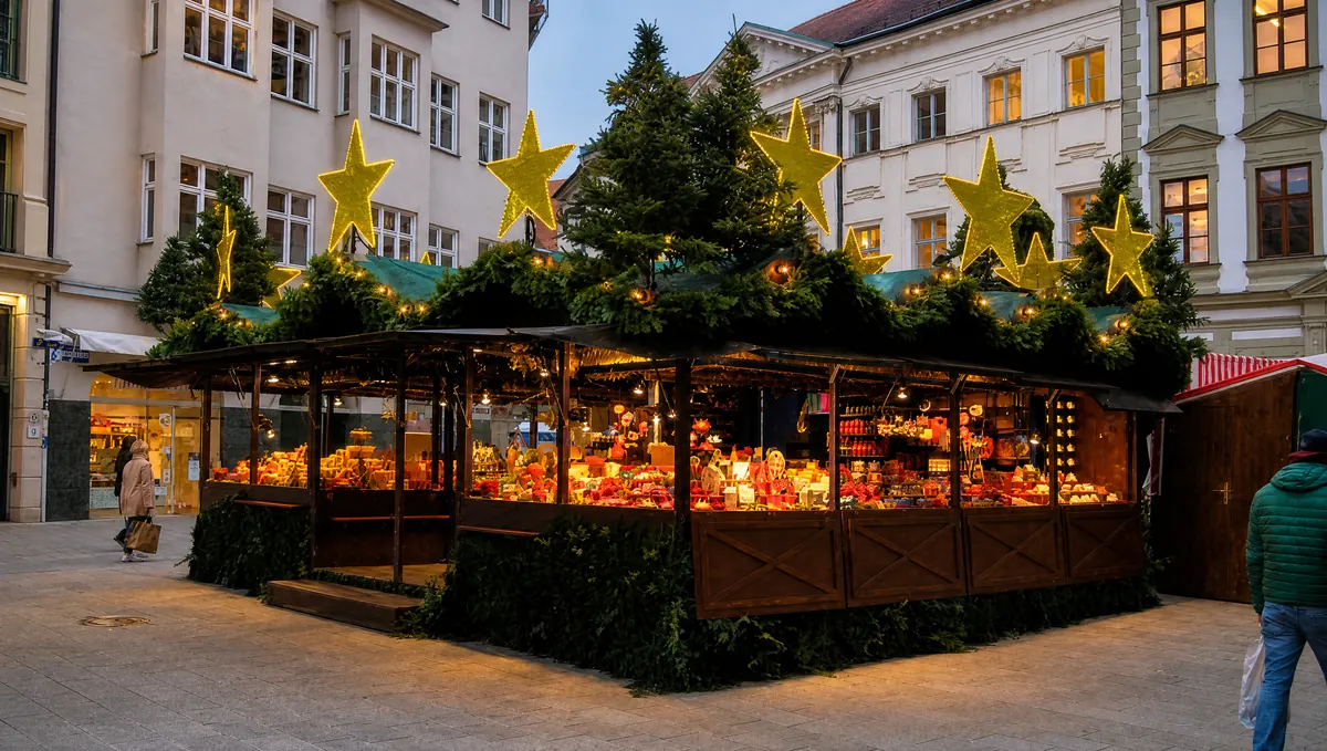Weihnachtsmarktstand mit beleuchteten Sternen